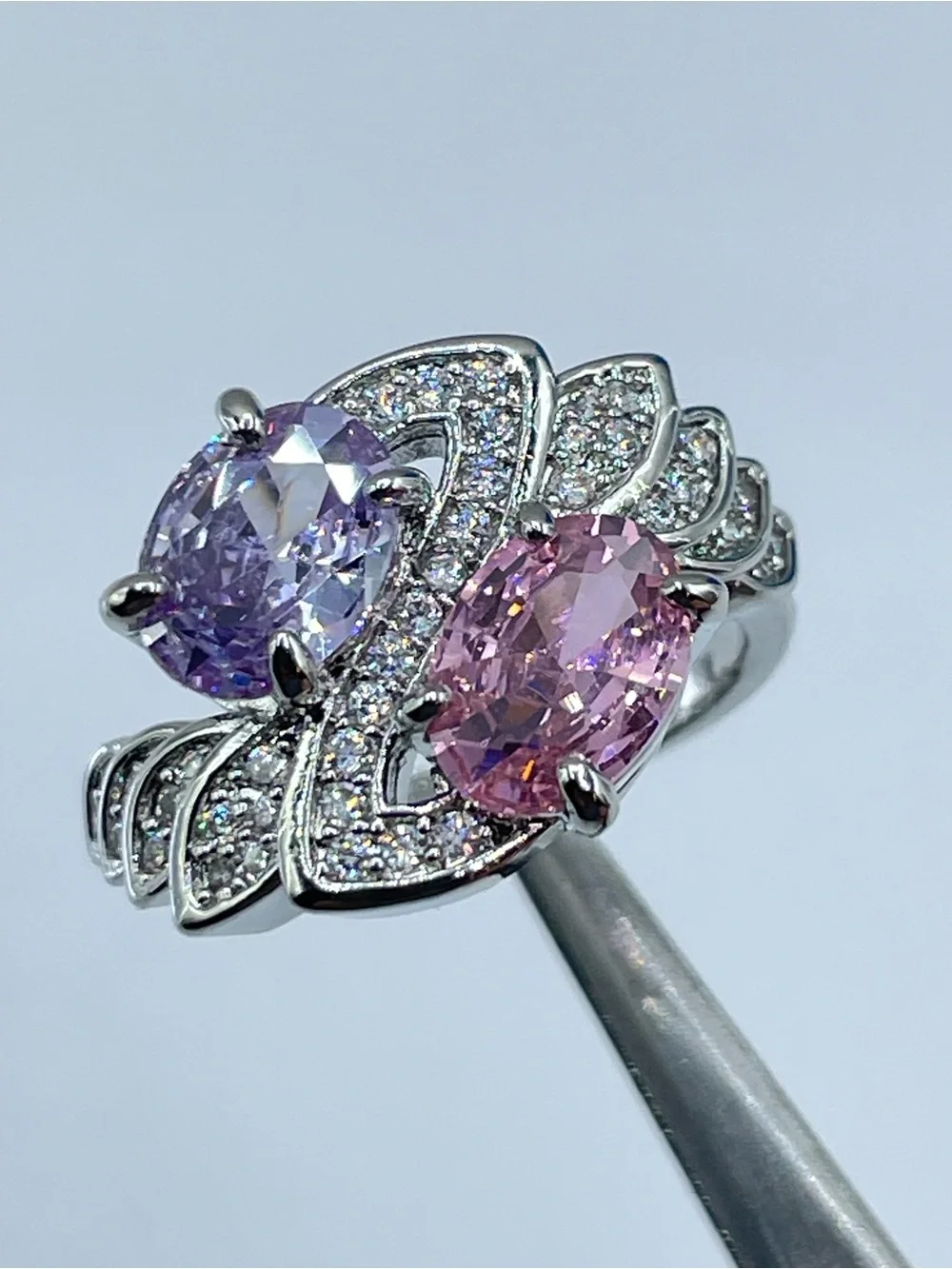 Swarovski Crystal Elements Pink Purple Crystal Art Deco Statement Ring Silver